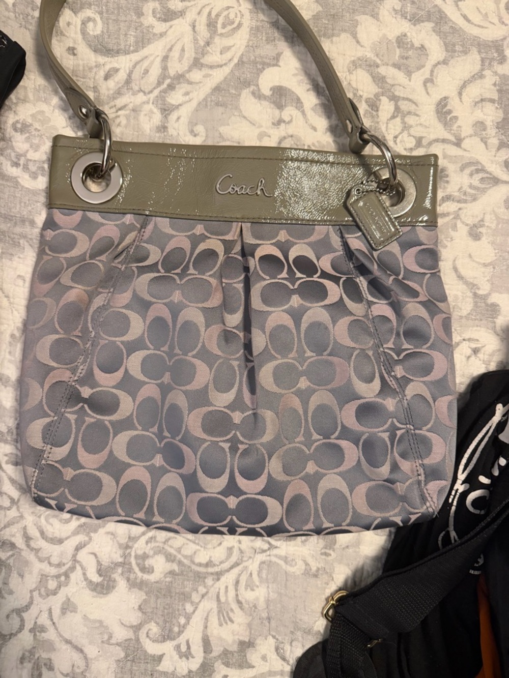 Coach Shoulder Bag in Gray and Pale Pink Signature Jacquard